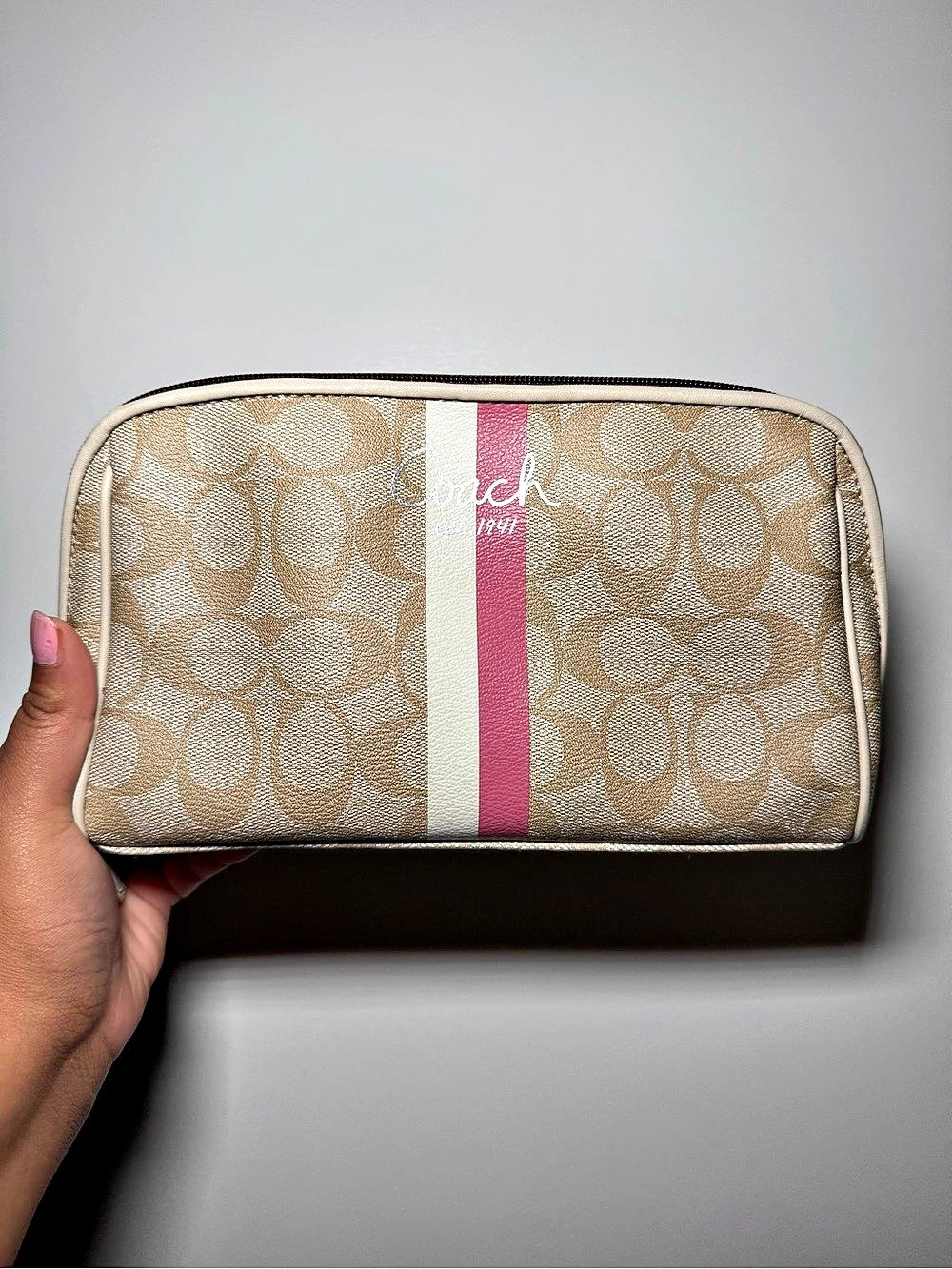 Coach Heritage Signature Stripe Cosmetic Pouch Beige & Pink